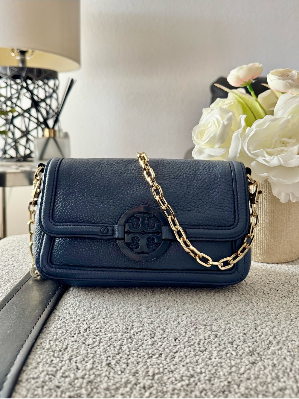 Tory Burch Blue Pebbled Leather Chain Women’s Crossbody Bag✨